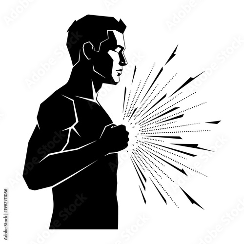 Man in casual t-shirt experiencing sudden inspiration with creative lightbulb and idea rays