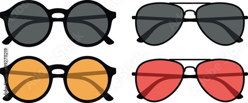 Stylish Sunglasses Collection Vector Illustration with Round and Aviator Frames in Different Lens Colors for Fashion Accessories, Summer Style, and Eyewear Design