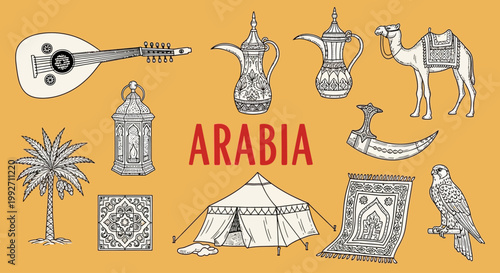 Traditional Arabian Desert Cultural Icons.