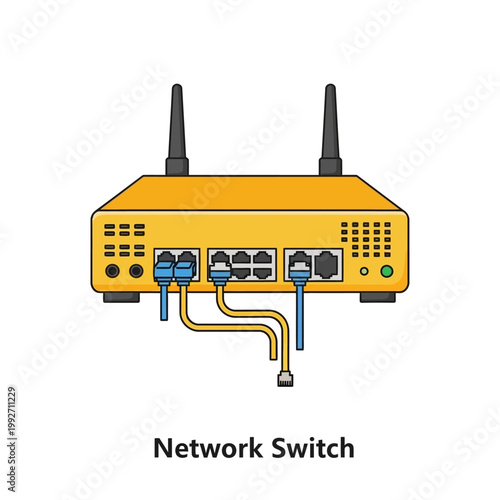 Yellow Network Switch with Antennas and Ethernet Cables Connected