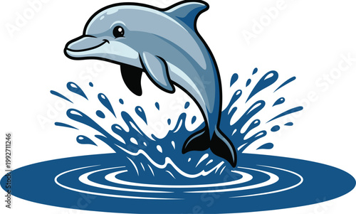 Cute Dolphin Jumping Out of Water Vector Illustration with Splash Waves Cartoon Marine Animal Design for Ocean Wildlife, Kids Graphics, and Aquatic Themes