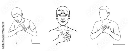 man adjusting t-shirt collar in three stages of fit illustration fordescription: 