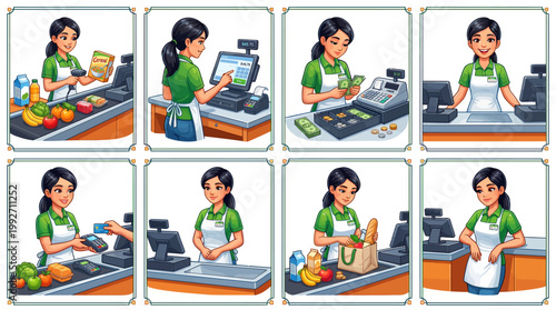 Female Supermarket Cashier Character Set Illustration Featuring Retail Worker Scanning Groceries Handling Cash Payment Processing Credit Card and Bagging Food