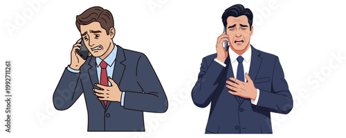 Business professional man in suit stressed on phone call during work overload isolated on white