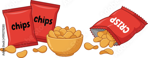 Crispy Potato Chips Snack Vector Illustration with Red Packaging Bags and Bowl Isolated on White Background for Food Branding, Advertising, and Packaging Design