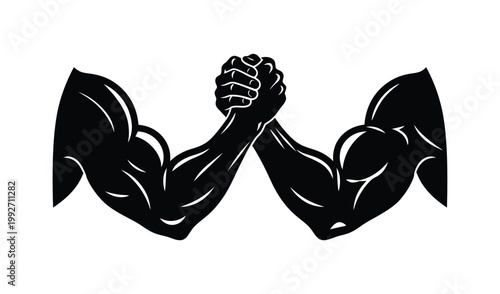 Two muscular arms engaged in a competitive arm wrestling match, showcasing strength and determination in a dynamic black and white illustration.