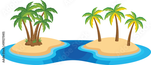 Tropical Island Pair with Palm Trees and Blue Ocean Water Illustration for Summer Vacation, Beach Travel Design, Seaside Landscapes, and Coastal Paradise Concepts