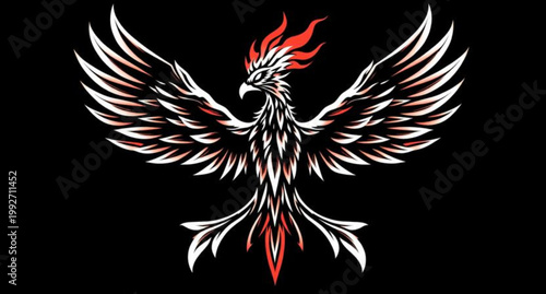 Vintage black tribal eagle tattoo design featuring heraldic devil wings and a phoenix silhouette element for a vector art emblem