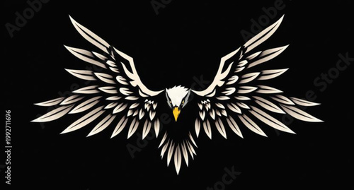 Black and white wings tattoo illustration featuring a tribal eagle bird silhouette and flying angel feather element as a symbolic vector design for art