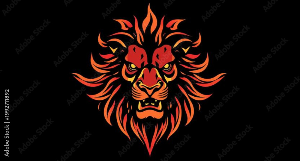 Fototapeta premium Powerful lion head mascot and winged tribal tattoo vector illustration featuring a scary gothic skull with fire flames and evil devil mask design