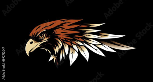 A powerful black and white mascot illustration of a wild eagle head vector isolated on white featuring a sharp beak and predator feathers for a nature wildlife symbol of freedom