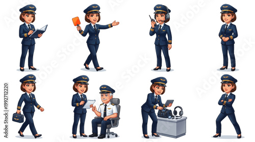 Set of Professional Female Pilot Illustrations in Various Poses, Aviation Career Character Design for Training Manuals, Travel Marketing and Flight Crew Ads