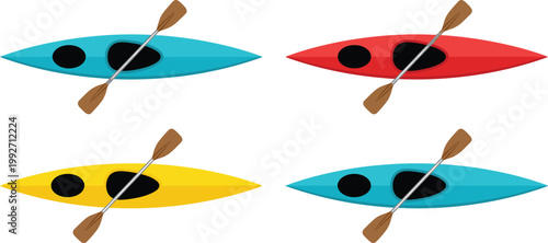 Kayak Top View Icon Set with Paddles in Colorful Flat Design for Water Sports, Outdoor Adventure, River Activities, and Recreation Graphics