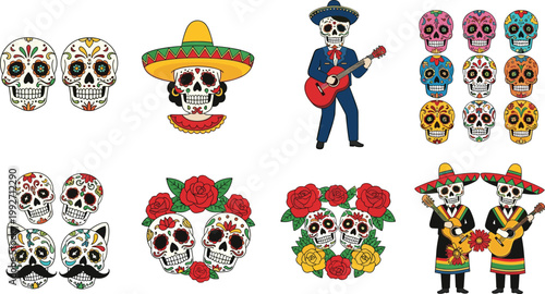 Set of Colorful Day of the Dead Skull Illustrations with Mariachi, Flowers, and Festive Decorations for Mexican Culture and Holiday Designs