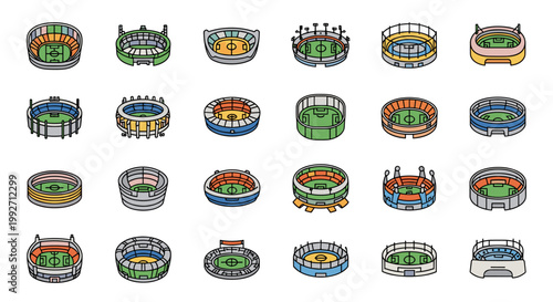 Collection of diverse, colorful stadium icons featuring green fields, tiered seating, and architectural details, ideal for sports event promotions and venue branding.