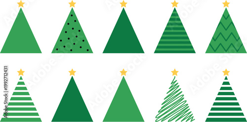 Minimal Christmas Tree Icon Set with Various Green Styles and Star Toppers for Holiday Decoration, Winter Graphics, Greeting Cards, and Festive Designs