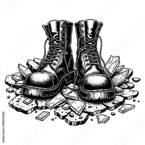 broken black leather boots with shattered ice cubes isolated on white background