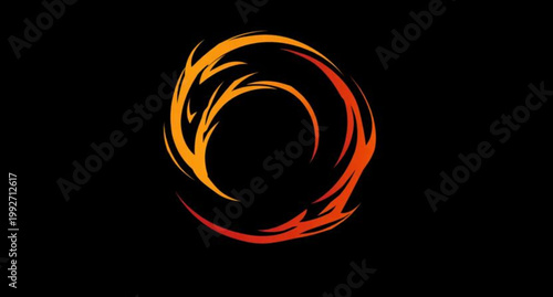 Glowing orange fire flames spiral into a fractal number zero design with a swirling energy motion against a black backdrop art illustration