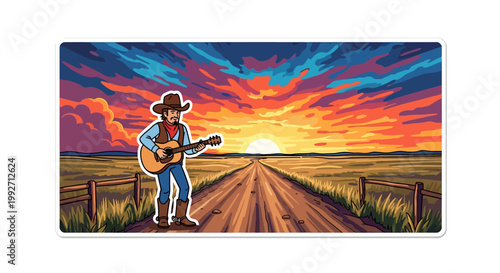 Cowboy playing guitar on a country road at sunset vibrant cartoon illustration