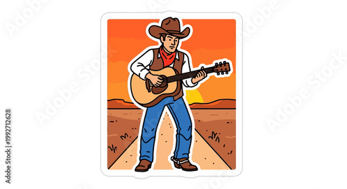 Cowboy playing acoustic guitar in a western desert landscape at sunset illustration.