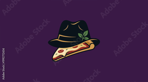 A fedora hat with a slice of pizza underneath.