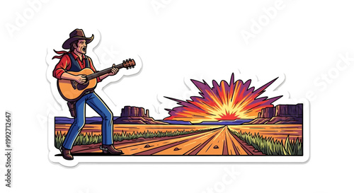 Singing cowboy playing guitar in a desert landscape with an explosion background