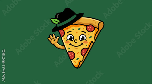 Cute Pizza Character Wearing a Hat Waving Hello.