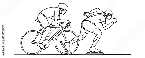 two cyclists racing in dynamic line art illustration on white background