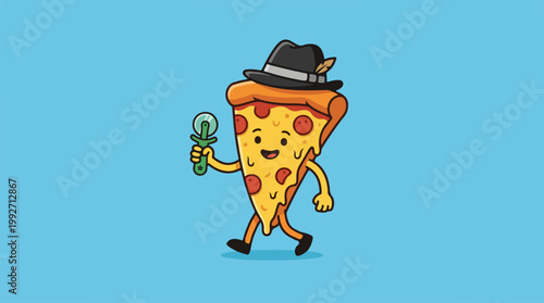 Cute Pizza Slice Character with Hat and Pizza Cutter.