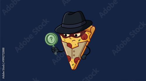 Detective Pizza Slice Character Holding Magnifying Glass.