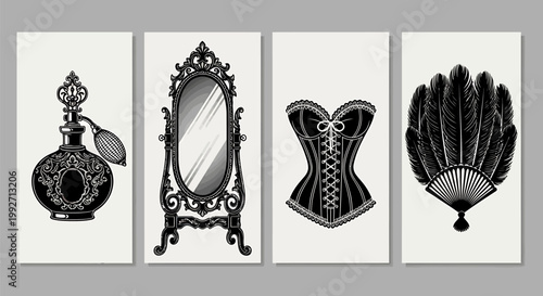 Vintage victorian style illustrations of perfume bottle ornate mirror corset and feather boas on white
