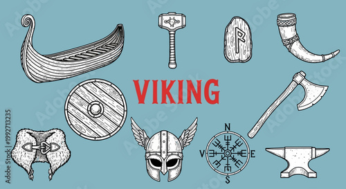 Viking symbols and objects illustration.