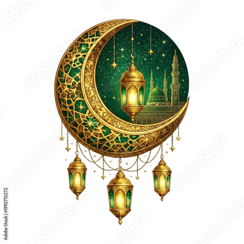 Luxury Illustration of Golden Crescent Moon with Lanterns and Nabawi Mosque for Ramadan Decoration.