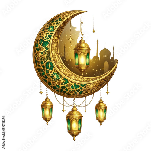 Ornate Golden Crescent Moon with Hanging Ramadan Lanterns and Mosque Silhouette