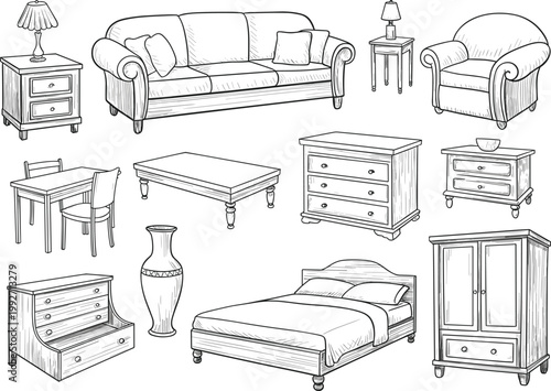 Hand drawn furniture collection set, vintage interior sketch illustration with home decor