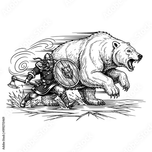 Viking warrior confronting polar bear in stormy arctic battle illustration