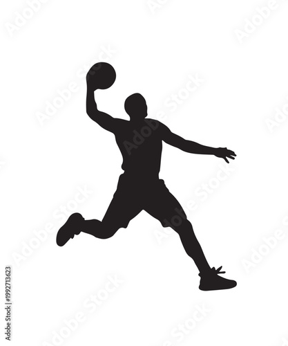 Silhouette of a male basketball player jumping to shoot the ball on a white background.