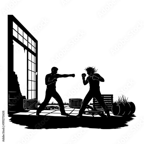 Silhouette of two musicians performing on stage with dramatic backlighting and smoke effects