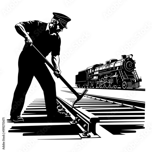 Vintage railway worker coupling train tracks with steam locomotive in black and white illustration