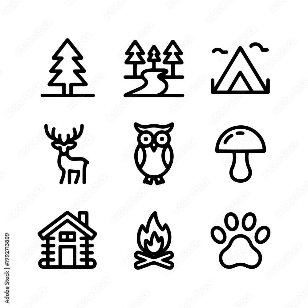 Fototapeta premium Minimalist forest camping icons set, black line outdoor adventure symbols, 9 nature and wildlife vector elements for travel apps and maps
