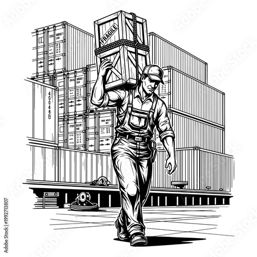 Worker carrying heavy cargo box in shipping container yard for logistics and supply chain illustration