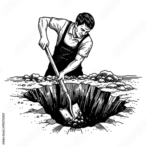 Man digging in rocky soil with shovel vintage black and white illustration