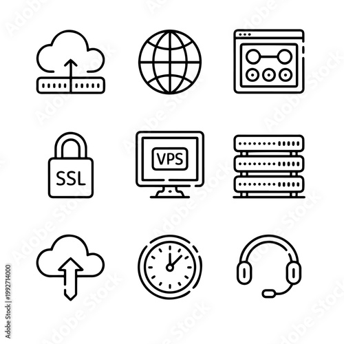 Cloud computing line icons set, web hosting and network server symbols, 9 professional technology vector elements for website interface