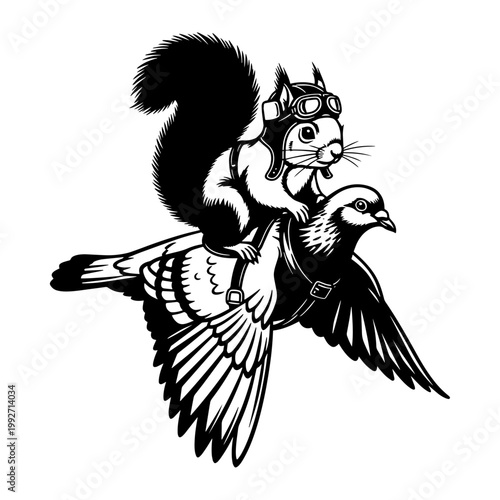 cartoon skunk and owl wearing aviator goggles flying together in black and white line art illustration