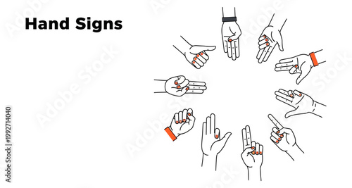 Diverse hand signs arranged in a circle against a white background