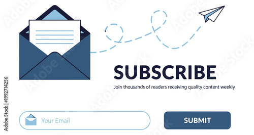 Email subscription form with paper airplane sending message during digital communication