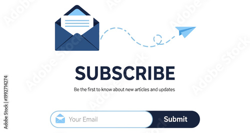 Email subscription form with paper airplane sending message during communication