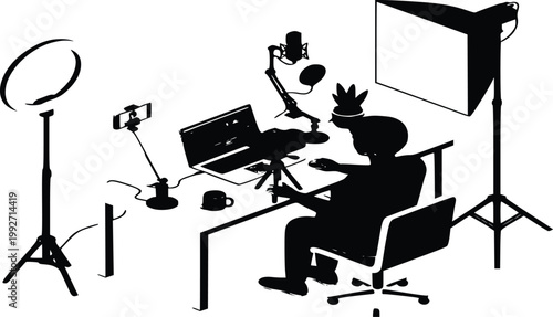 Professional content creator tech gear set with vlogger drone and gimbal in modern flat vector illustration style