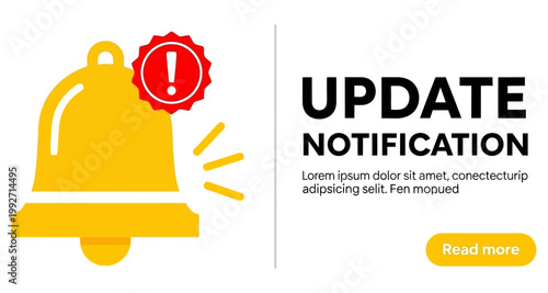 Golden alert bell with notification update message and call to action button