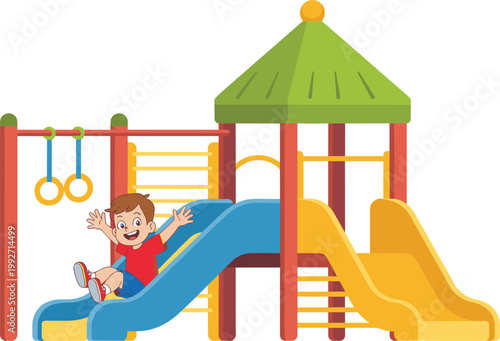Happy child playing on playground slide, colorful park equipment cartoon illustration design